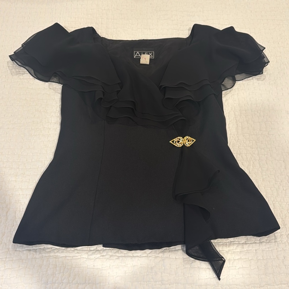 Alex Evenings Black Ruffled Layer Satin Blouse Top - Size 14